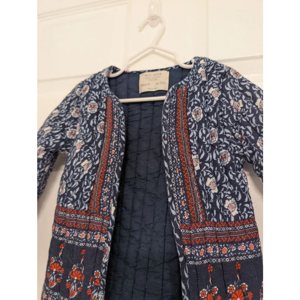 Girls Zara Girls Quilted Jacket Size 5 Navy Red Floral Oriental Style